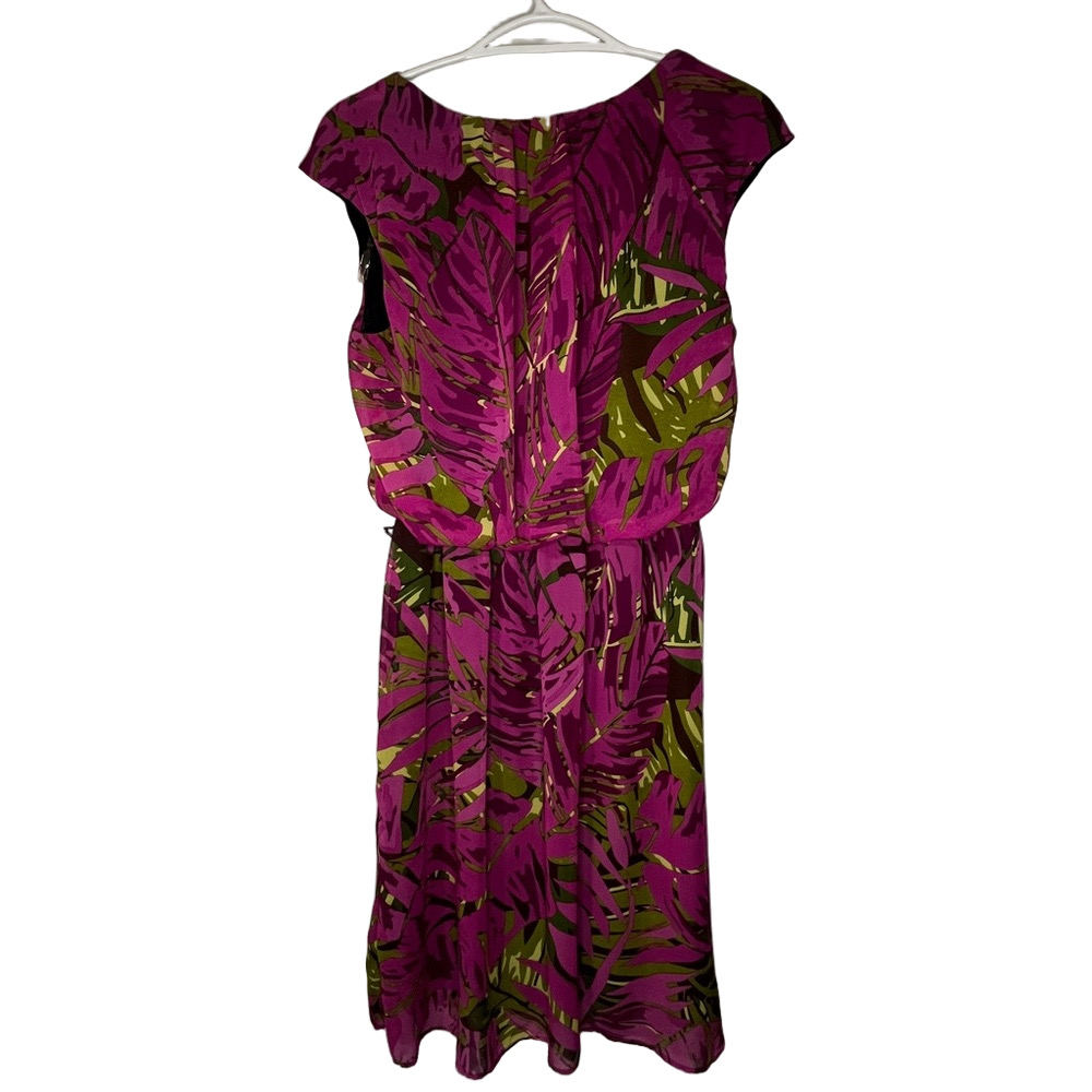 Amanda Lane Midi Dress Women's Floral Pink Green Sz 10 Feminine Summer Tropical